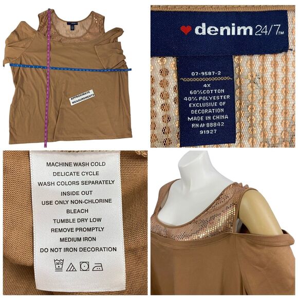Denim 24/7 Top Womens 4x Brown Sequin Knit Shirt Cold Shoulder Office Casual - Picture 8 of 14